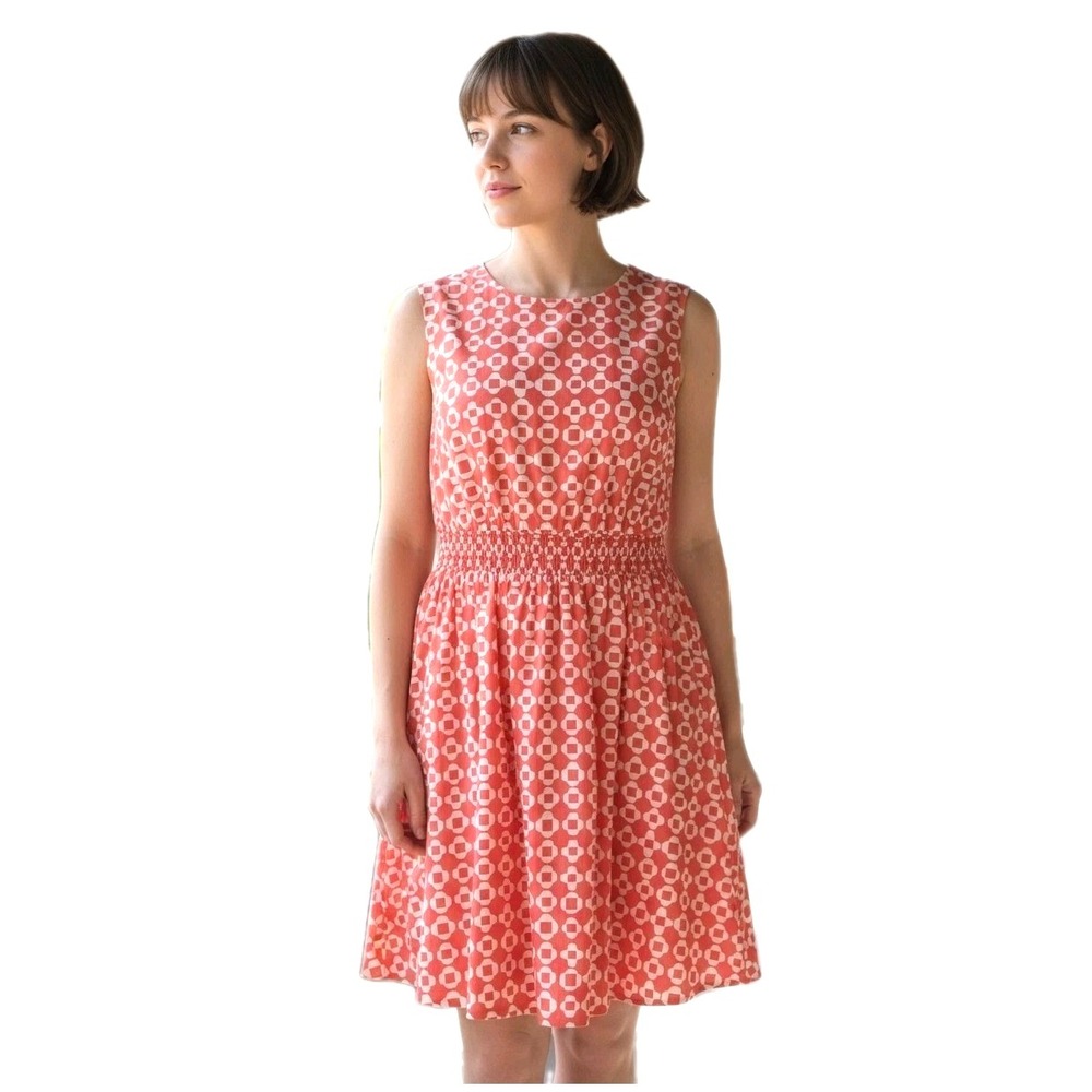 Boden Sleeveless Short Dress US Size 12 Coral White Floral Smocked Waist Pockets